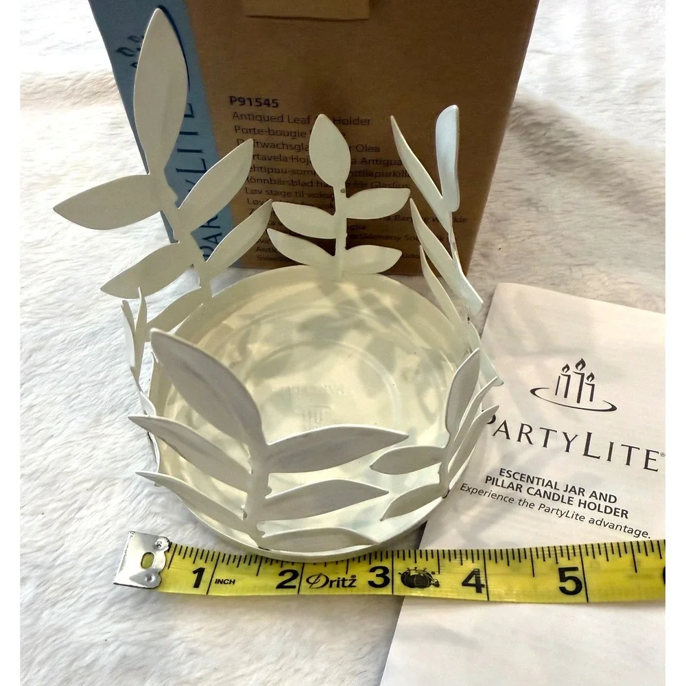 PartyLitew Antiqued Leaf Jar Holder White Metal Candle Sleeve‎ P91545 Botanical